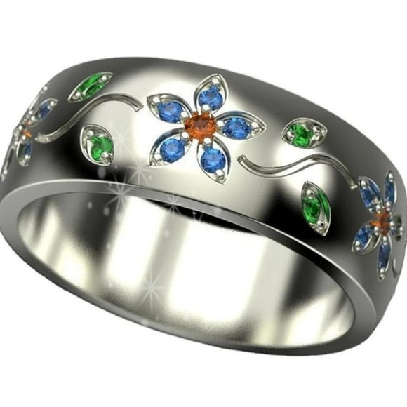 Colorful Small Flower Vine Silver Ring - Picture 3 of 7